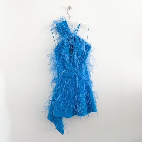 Cult Gaia Eliana Cutout One-Shoulder Feather Mini Dress Lake Blue - Picture 3 of 14
